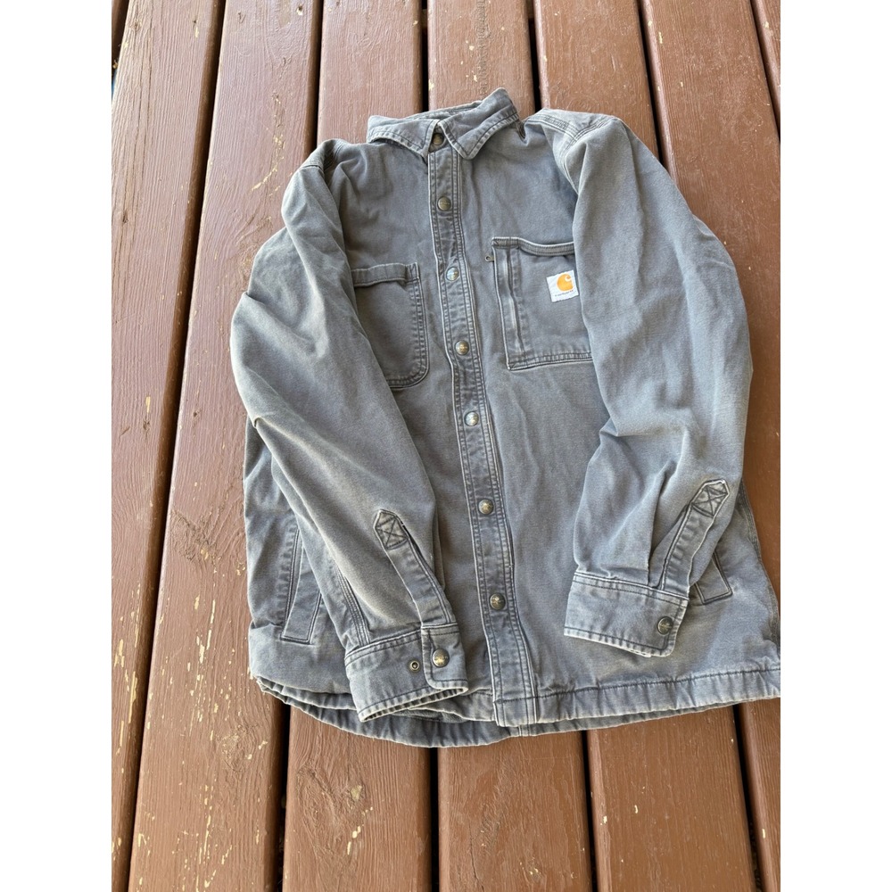 Carhartt Mens Rugged Flex Fleece Lined Canvas Snap Front Shirt Jacket Gray Med